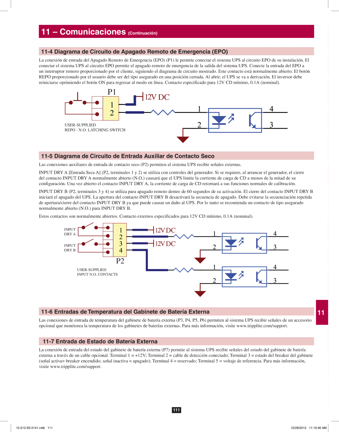 Tripp Lite SU120KX2 owner manual Comunicaciones Continuación, Diagrama de Circuito de Apagado Remoto de Emergencia EPO 