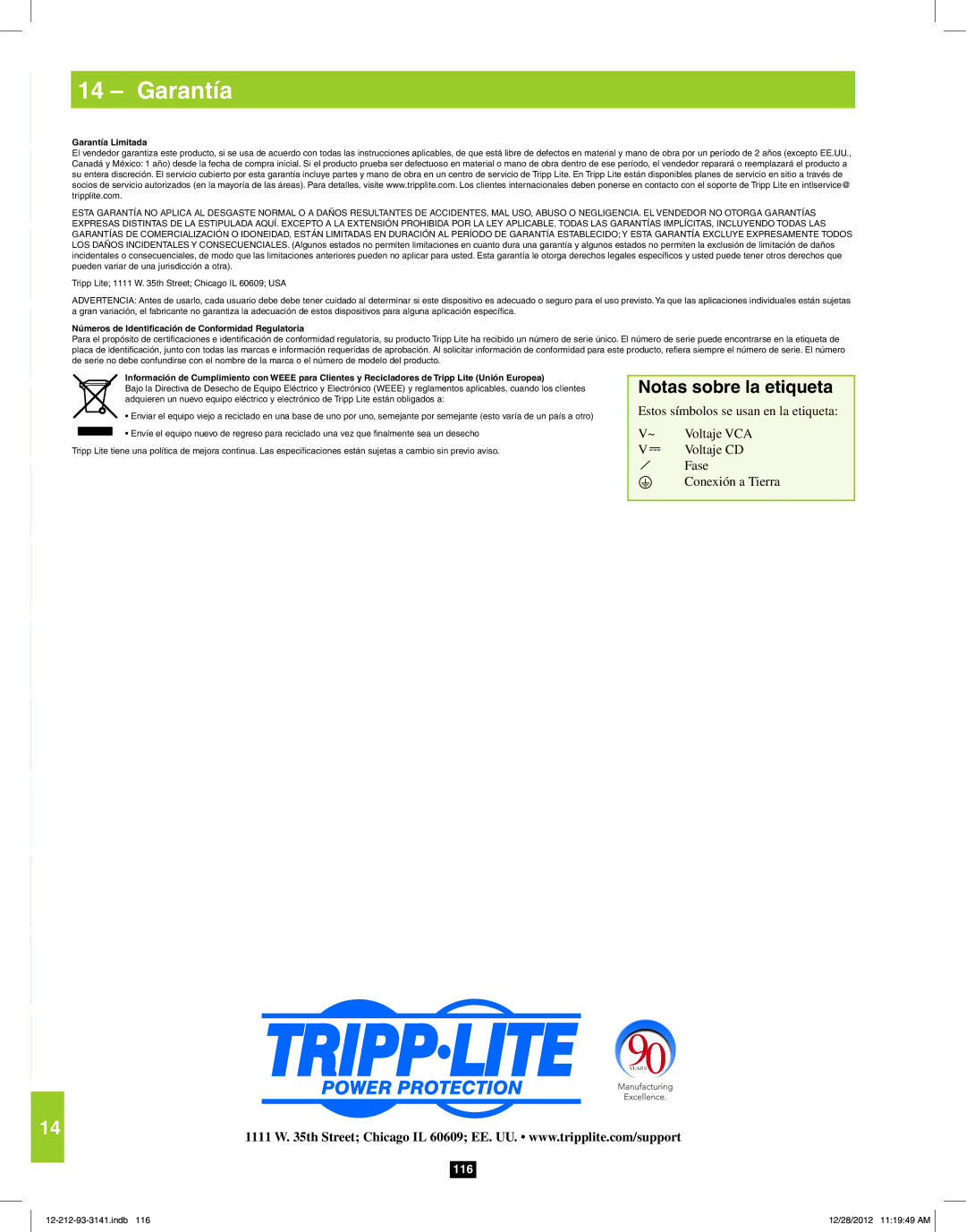 Tripp Lite SU120KX2 owner manual Garantía Limitada 