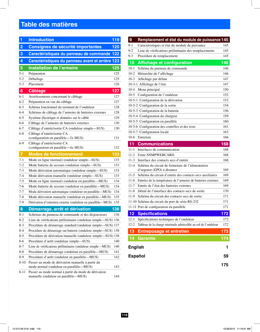 Tripp Lite SU120KX2 owner manual Table des matières, Câblage 127 