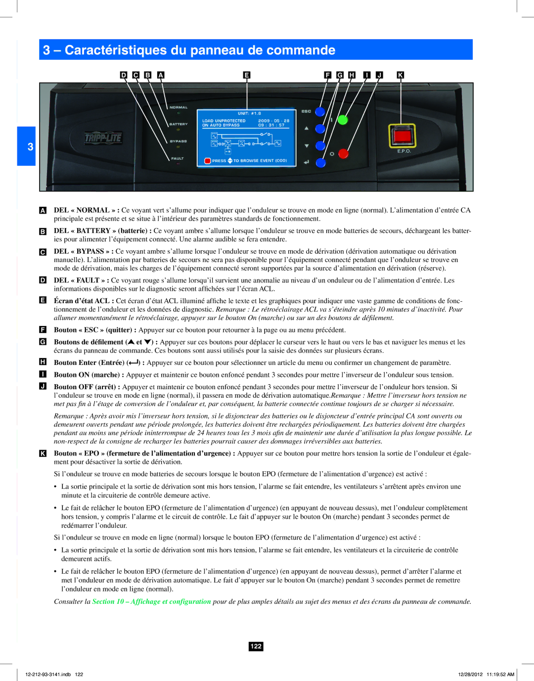 Tripp Lite SU120KX2 owner manual Caractéristiques du panneau de commande 