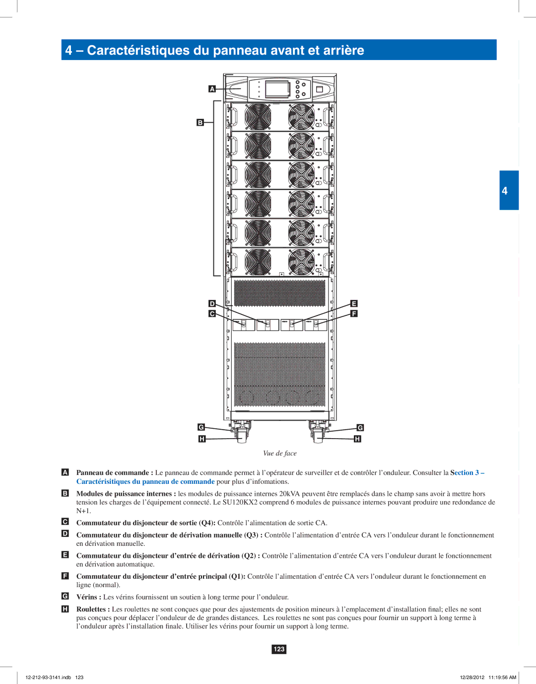 Tripp Lite SU120KX2 owner manual Caractéristiques du panneau avant et arrière, Vue de face 