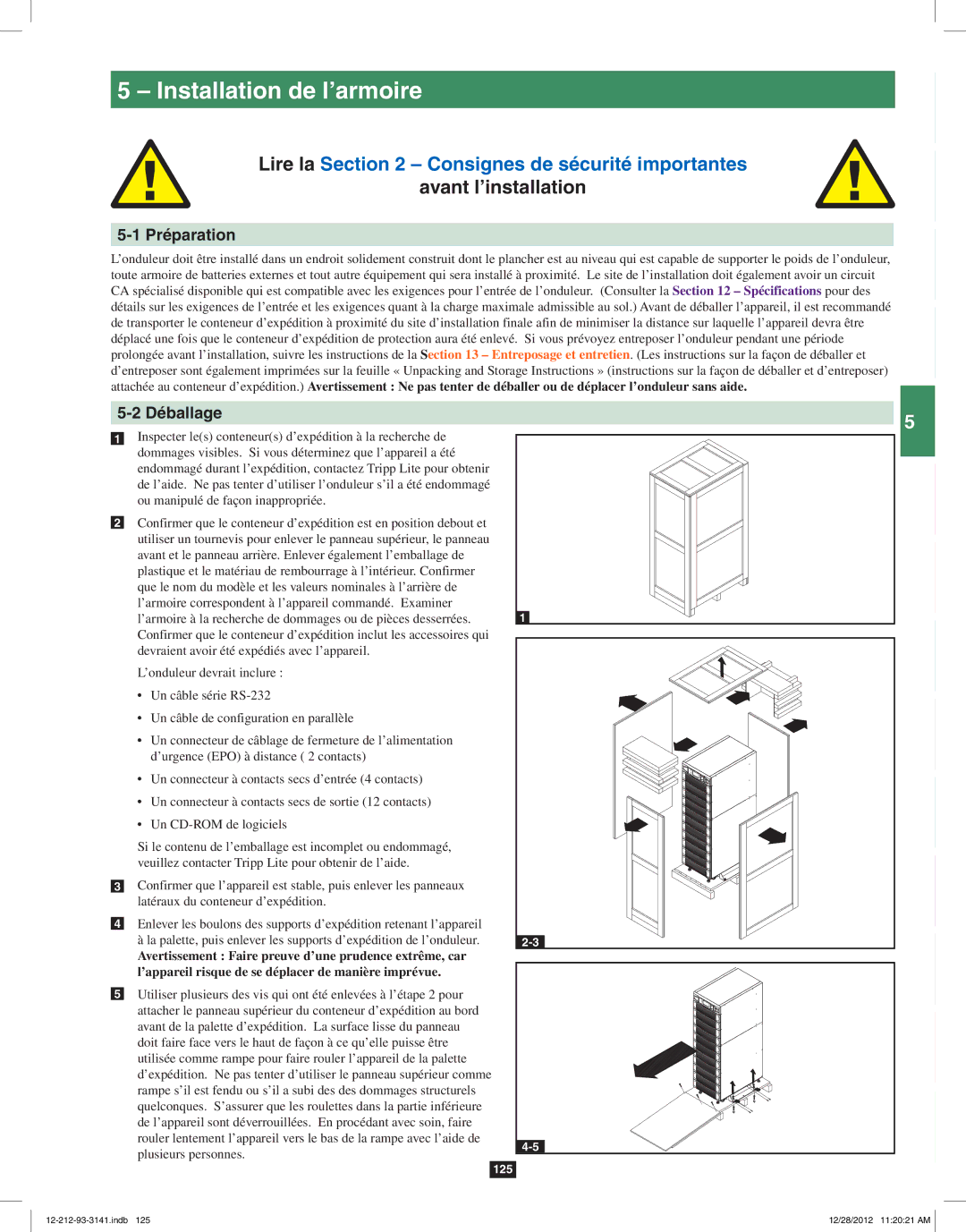 Tripp Lite SU120KX2 owner manual Installation de l’armoire, Préparation, Déballage 