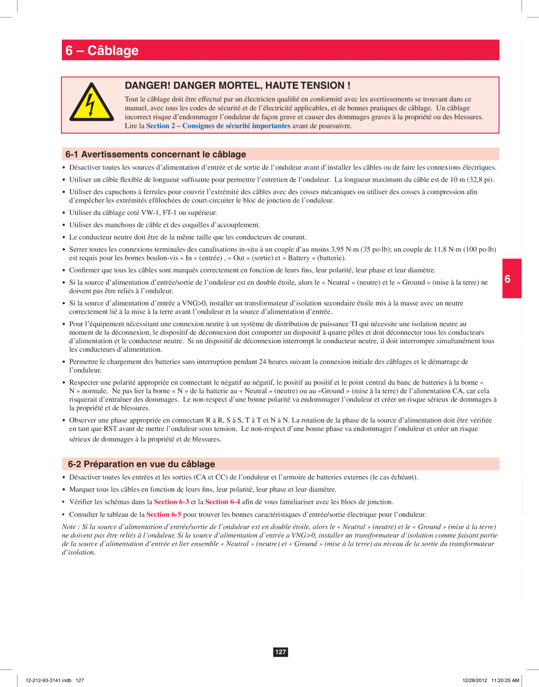 Tripp Lite SU120KX2 owner manual Câblage, Préparation en vue du câblage 