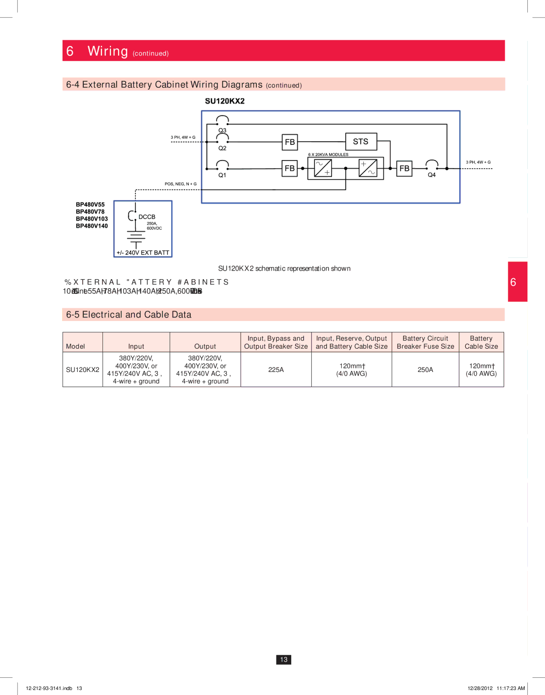 Tripp Lite SU120KX2 owner manual Electrical and Cable Data, External Battery Cabinets 