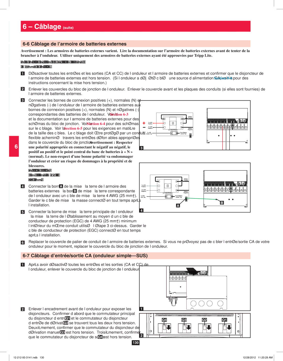 Tripp Lite SU120KX2 owner manual Câblage de l’armoire de batteries externes, Câblage d’entrée/sortie CA onduleur simple-SUS 