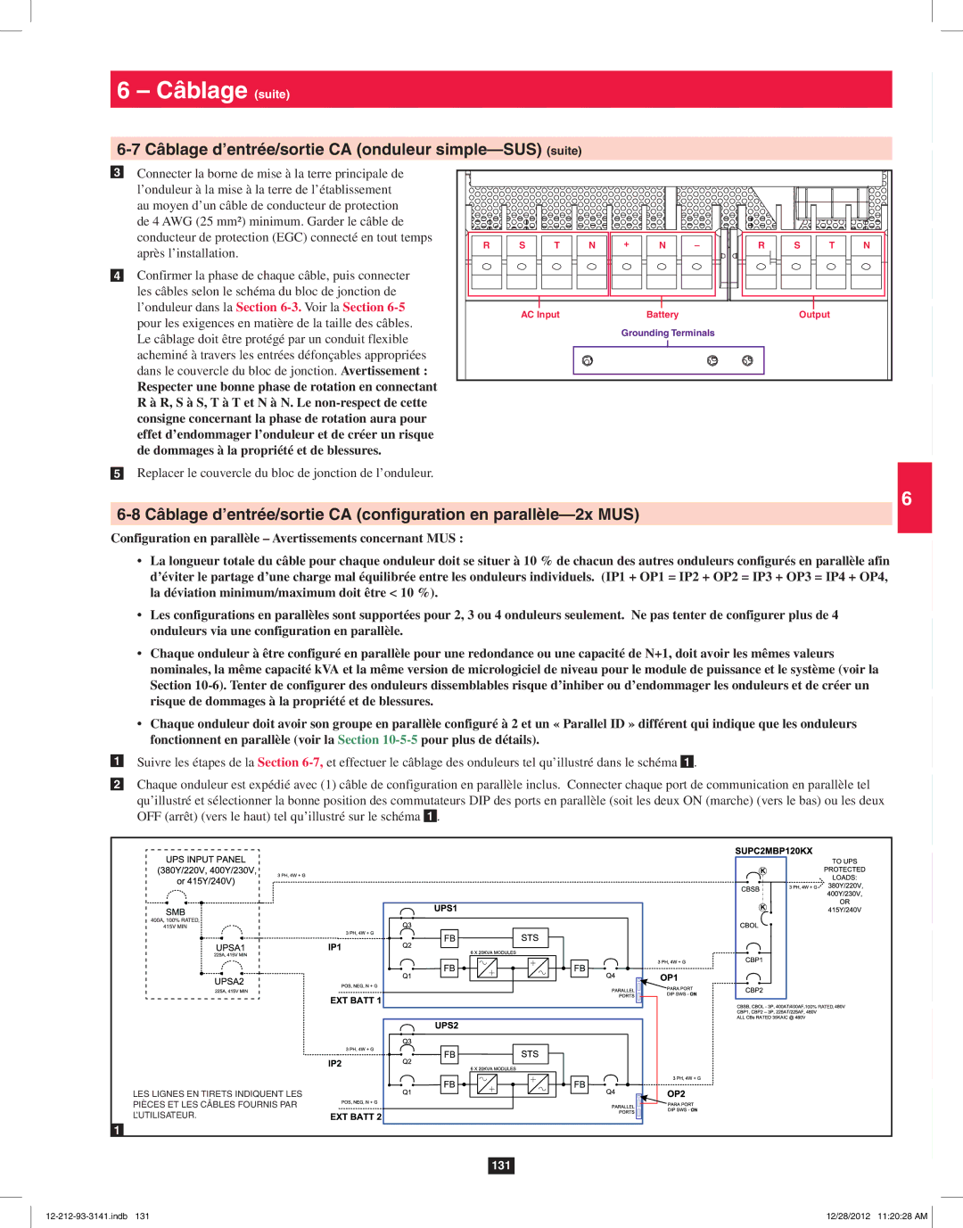 Tripp Lite SU120KX2 owner manual Câblage d’entrée/sortie CA configuration en parallèle-2x MUS 