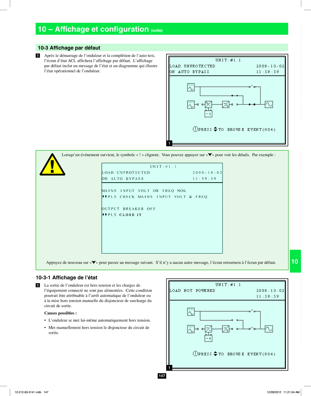 Tripp Lite SU120KX2 Affichage et configuration suite, Affichage par défaut, Affichage de l’état, Causes possibles 