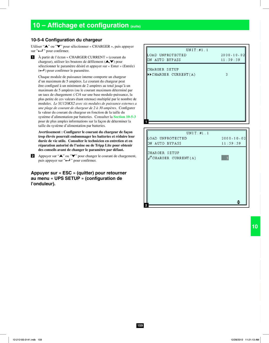 Tripp Lite SU120KX2 owner manual Configuration du chargeur 