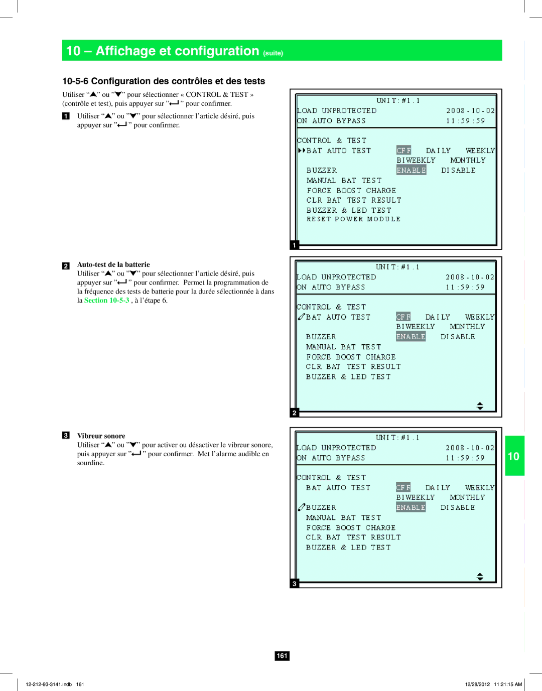 Tripp Lite SU120KX2 owner manual Configuration des contrôles et des tests, Auto-test de la batterie, Vibreur sonore 