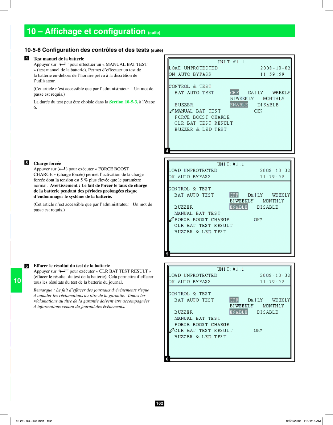 Tripp Lite SU120KX2 owner manual Configuration des contrôles et des tests suite, Test manuel de la batterie, Charge forcée 