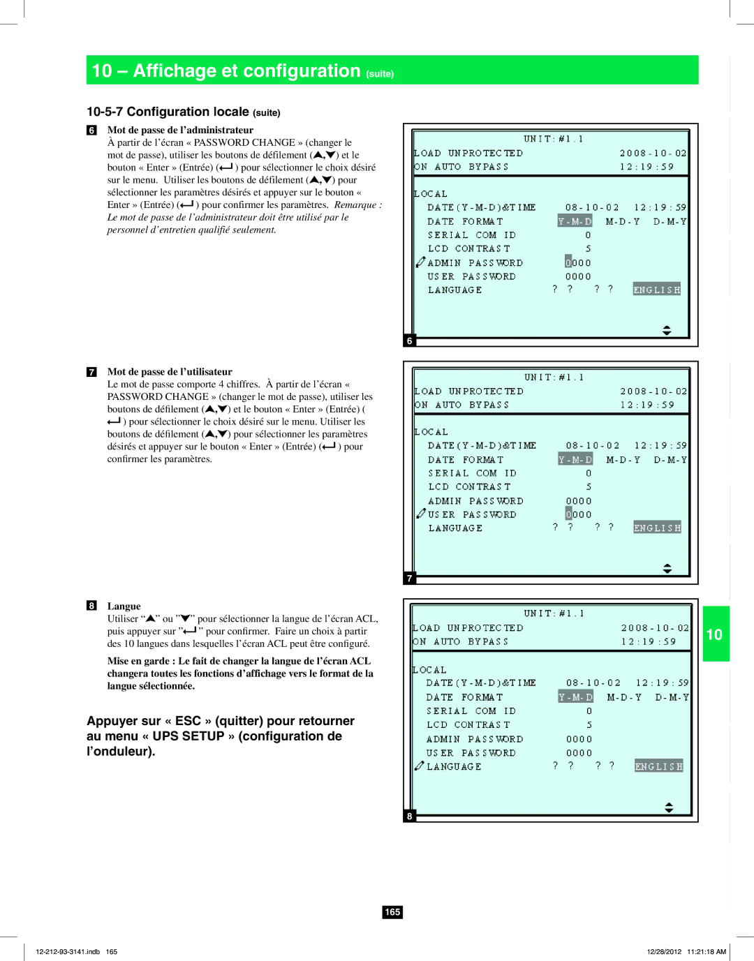 Tripp Lite SU120KX2 owner manual Mot de passe de l’administrateur, Mot de passe de l’utilisateur, Langue 