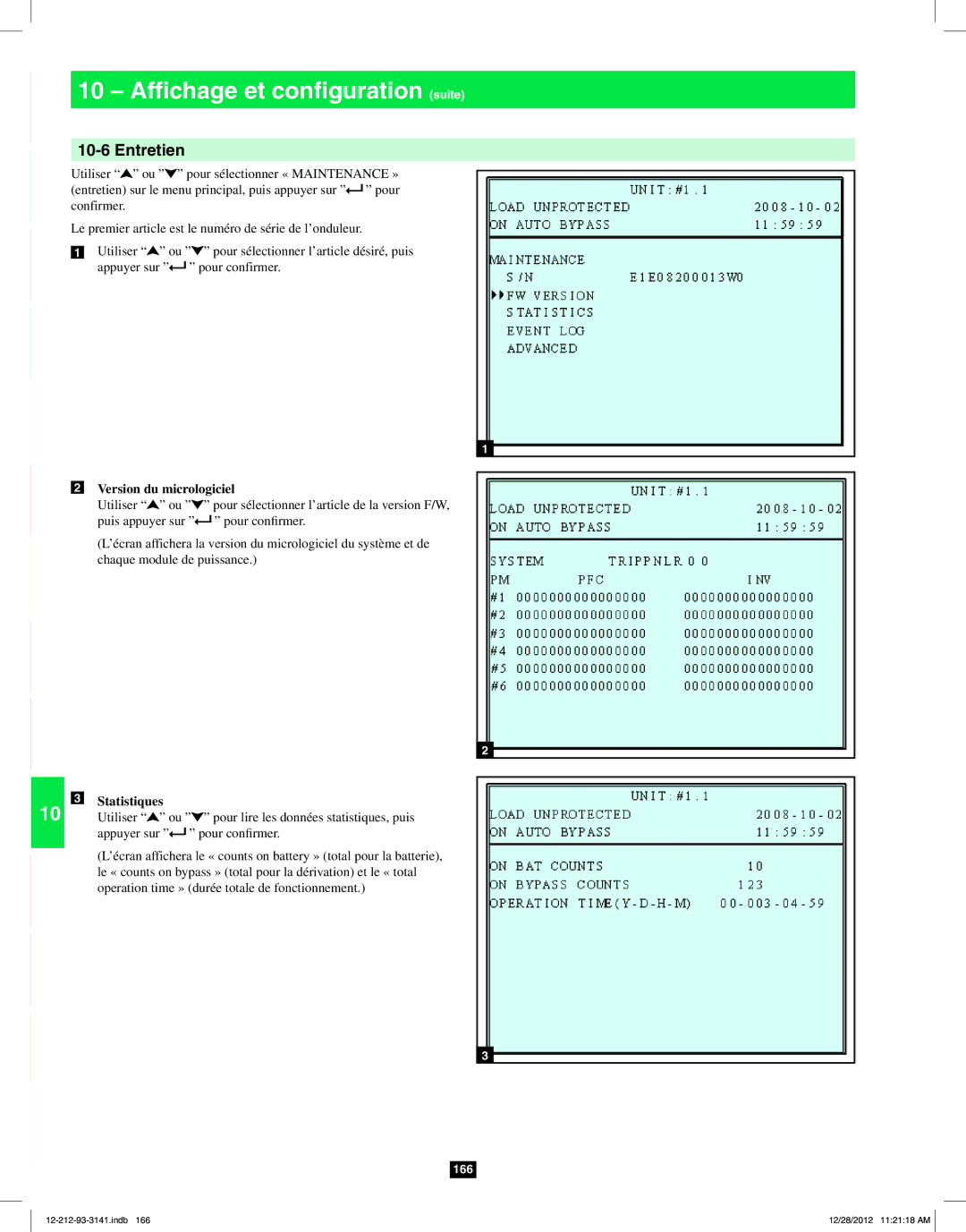 Tripp Lite SU120KX2 owner manual Entretien, Version du micrologiciel, Statistiques 