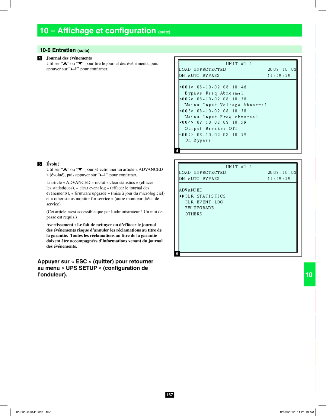 Tripp Lite SU120KX2 owner manual Entretien suite, Journal des événements, Évolué 