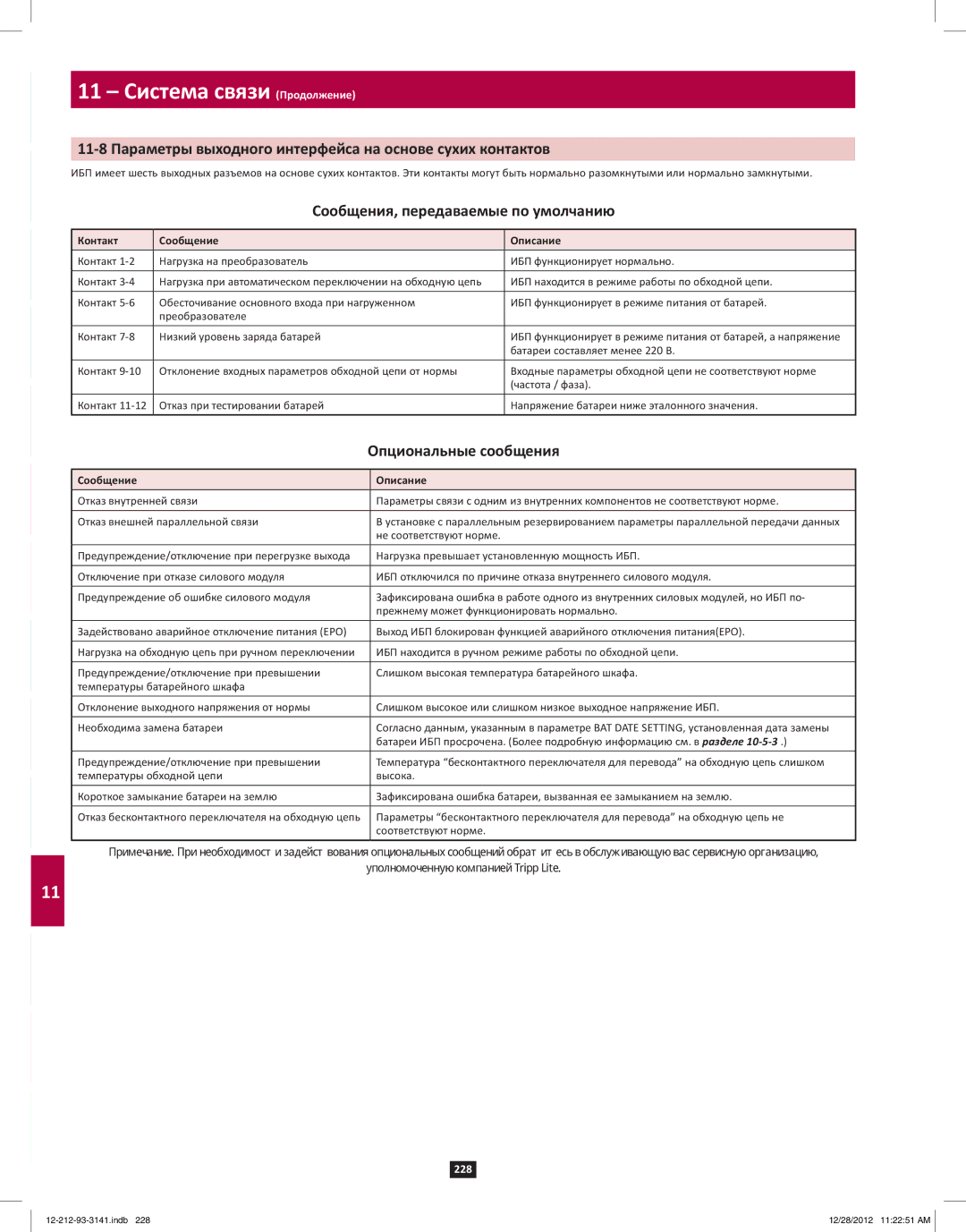 Tripp Lite SU120KX2 owner manual Сообщения, передаваемые по умолчанию, Опциональные сообщения, Контакт Сообщение Описание 