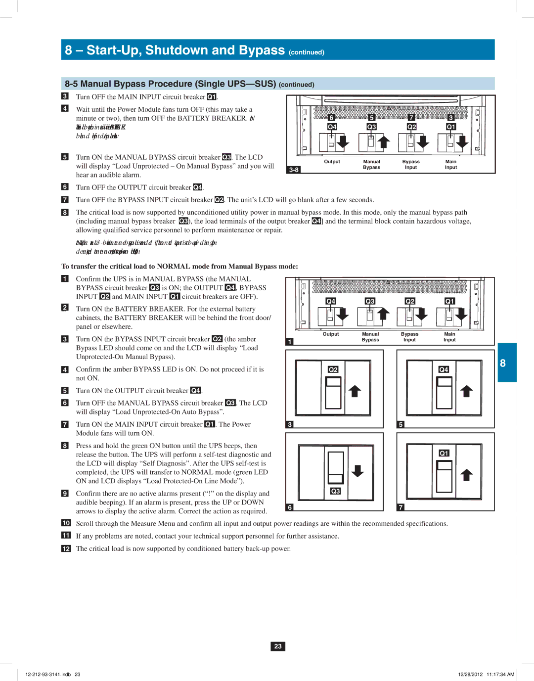 Tripp Lite SU120KX2 owner manual Turn on the Manual Bypass circuit breaker LCD 