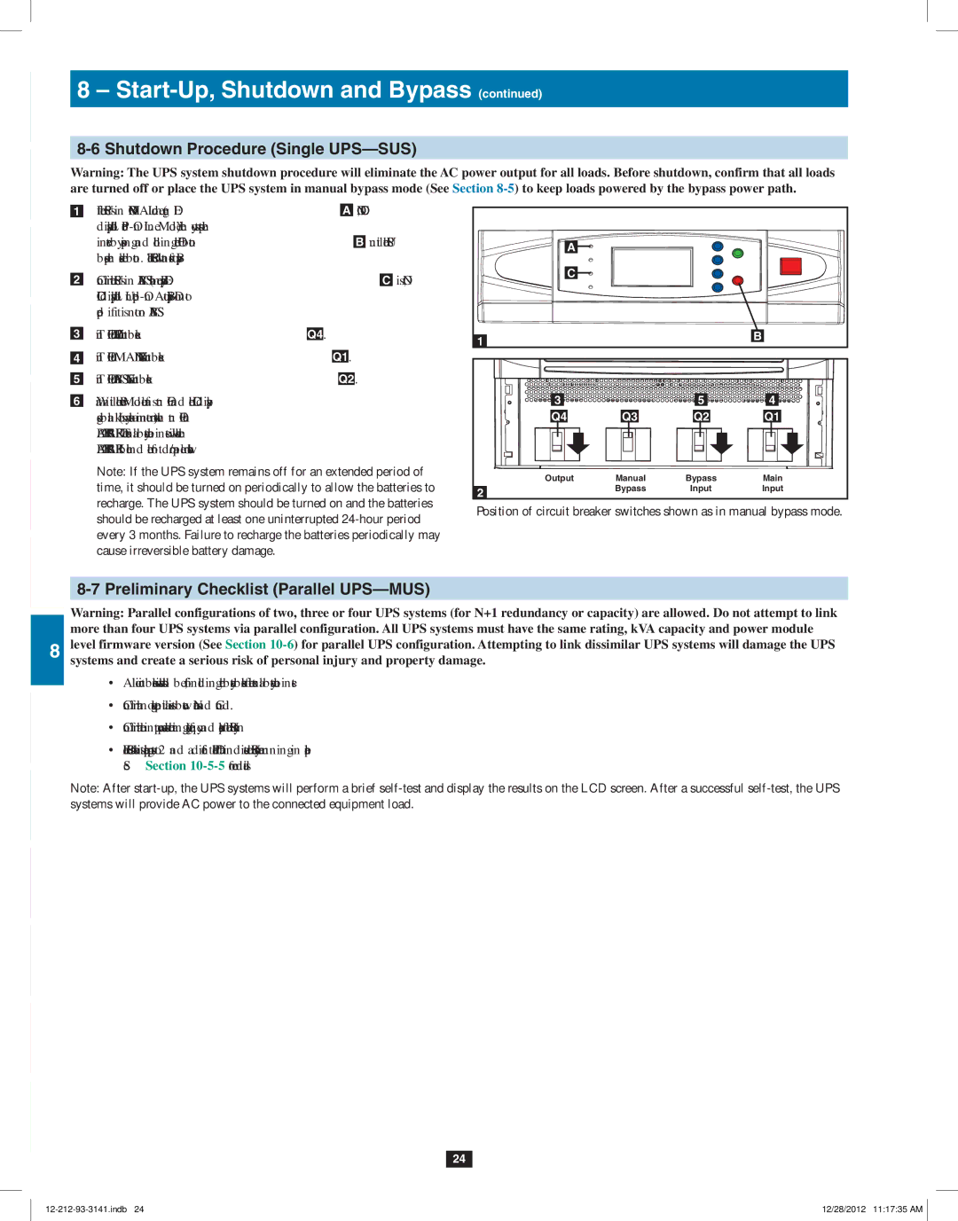 Tripp Lite SU120KX2 owner manual Shutdown Procedure Single UPS-SUS, Preliminary Checklist Parallel UPS-MUS 