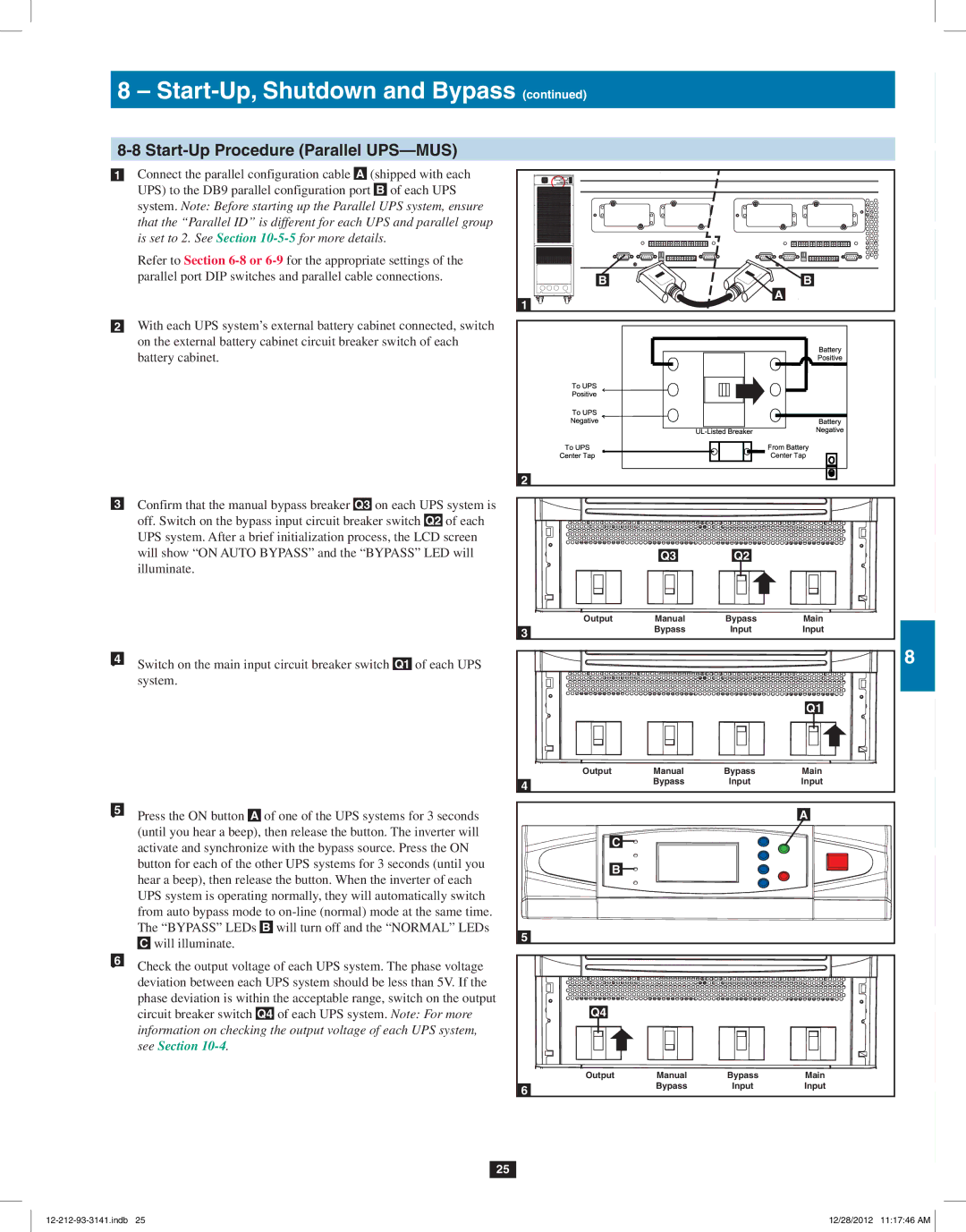 Tripp Lite SU120KX2 owner manual Start-Up Procedure Parallel UPS-MUS 