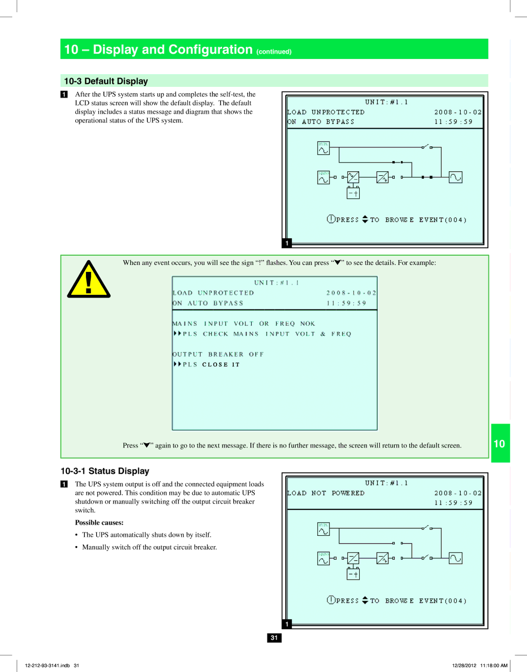 Tripp Lite SU120KX2 owner manual Default Display, Status Display, Possible causes 