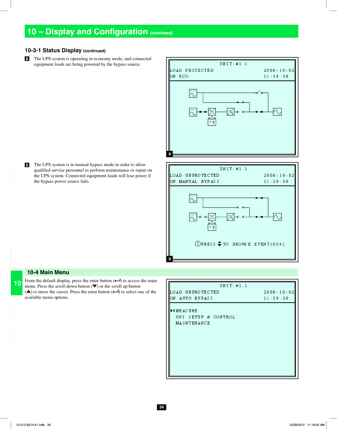 Tripp Lite SU120KX2 owner manual Main Menu 