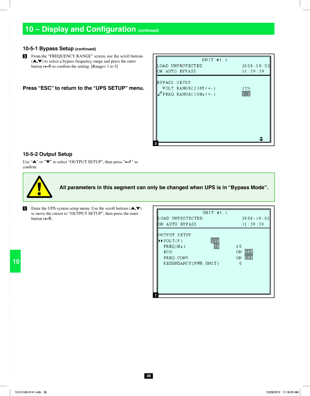 Tripp Lite SU120KX2 owner manual Press ESC to return to the UPS Setup menu Output Setup 