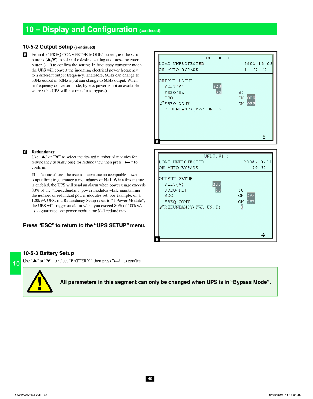 Tripp Lite SU120KX2 owner manual Press ESC to return to the UPS Setup menu Battery Setup, Redundancy 