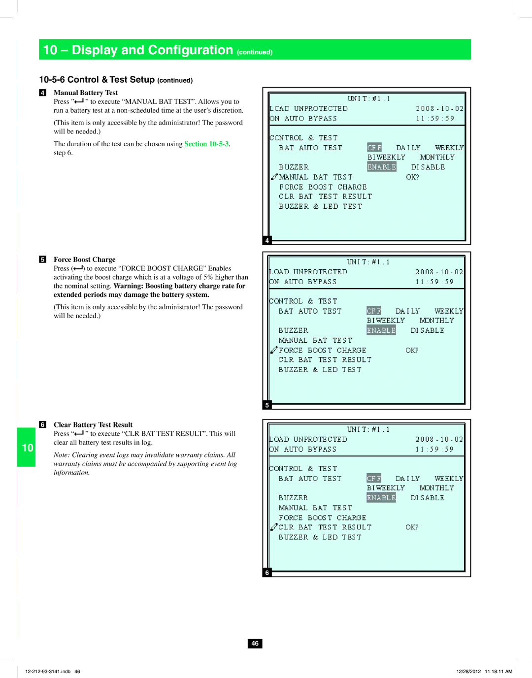 Tripp Lite SU120KX2 owner manual Manual Battery Test, Force Boost Charge, Clear Battery Test Result 