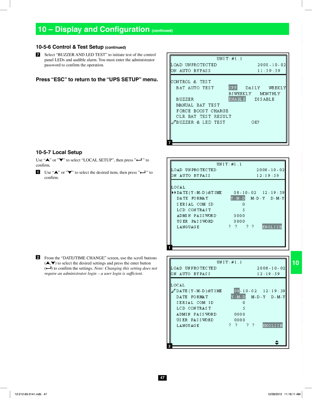 Tripp Lite SU120KX2 owner manual Press ESC to return to the UPS Setup menu Local Setup 