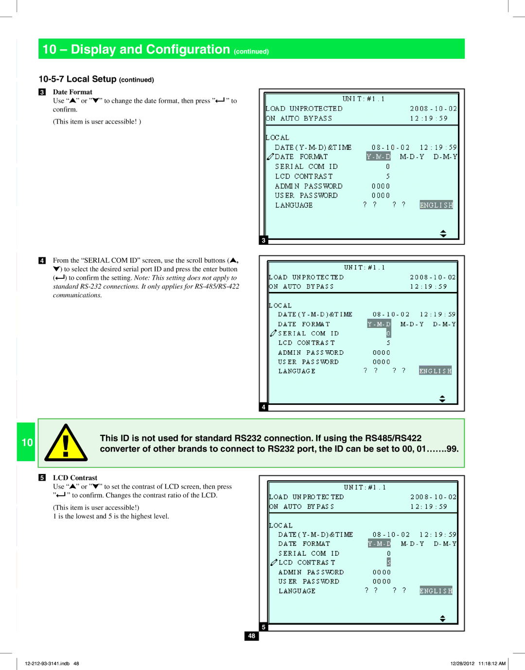 Tripp Lite SU120KX2 owner manual Date Format, LCD Contrast 