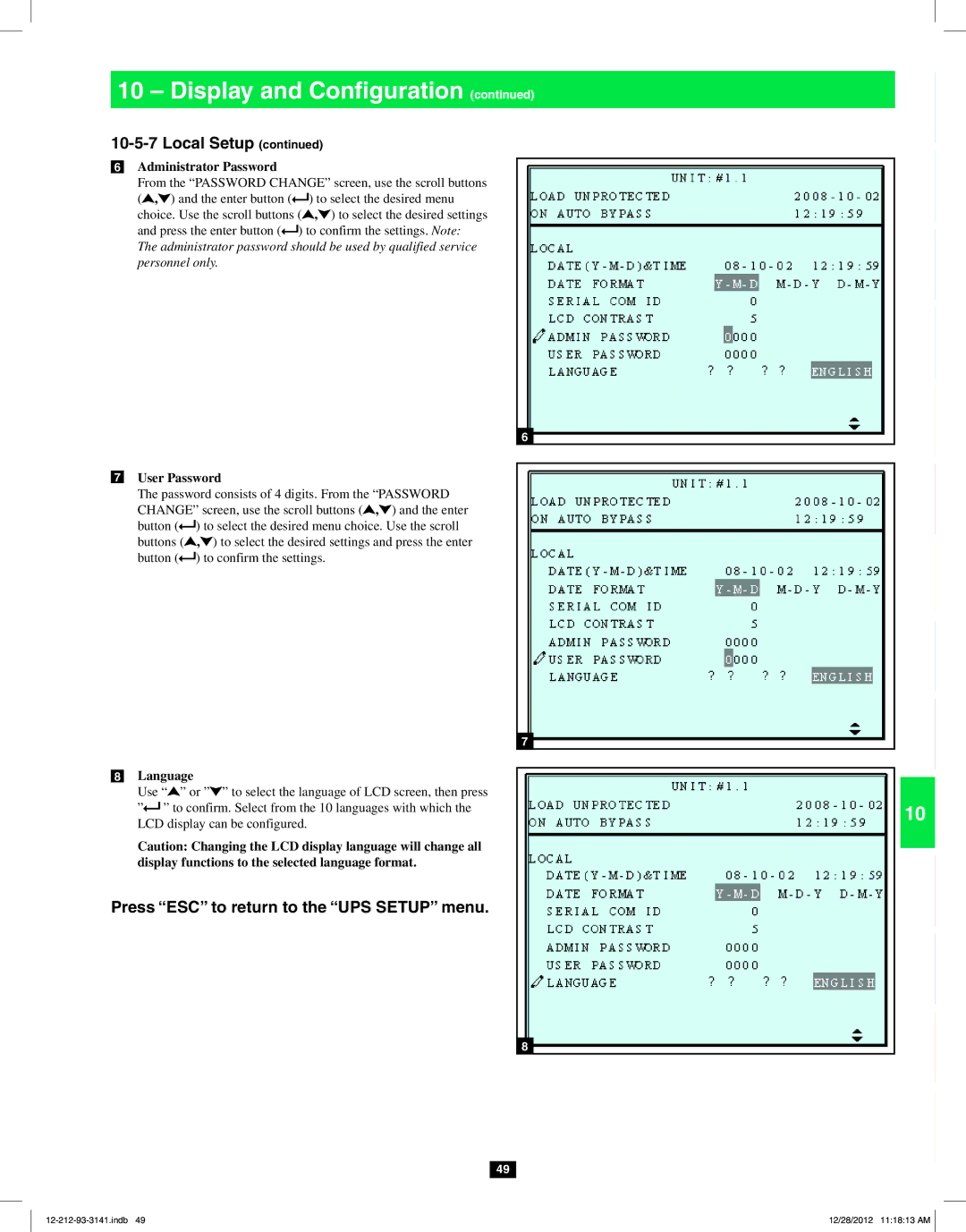 Tripp Lite SU120KX2 owner manual Administrator Password, User Password, Language 