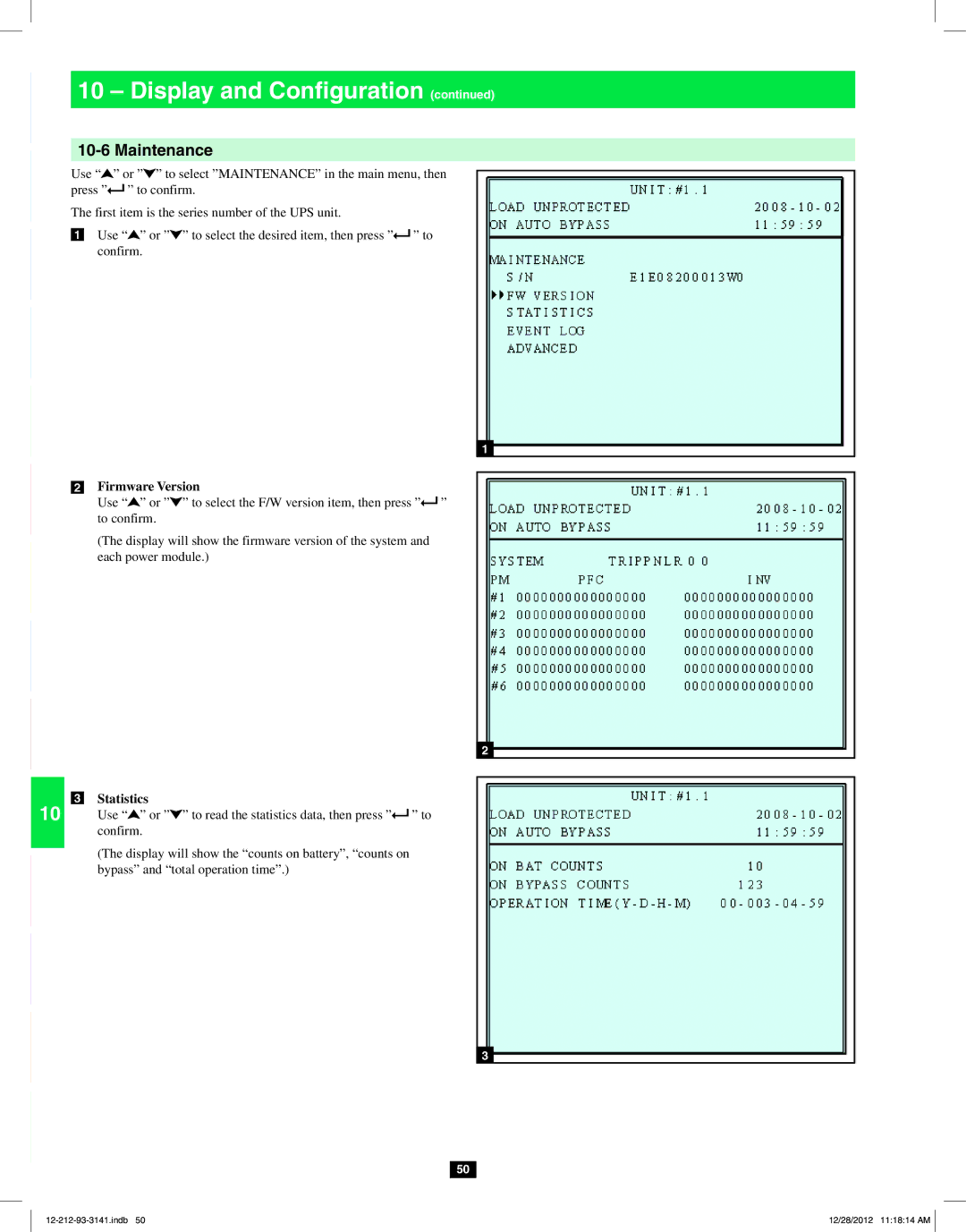 Tripp Lite SU120KX2 Maintenance, Firmware Version, Use or to select the F/W version item, then press, Statistics 