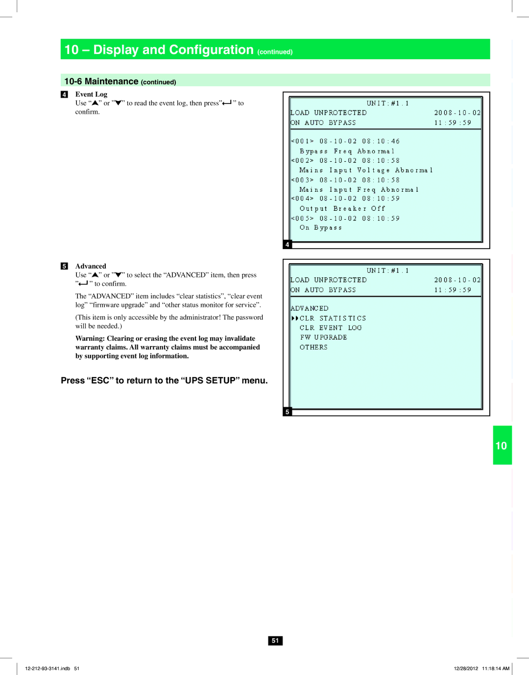 Tripp Lite SU120KX2 owner manual Event Log, Advanced 