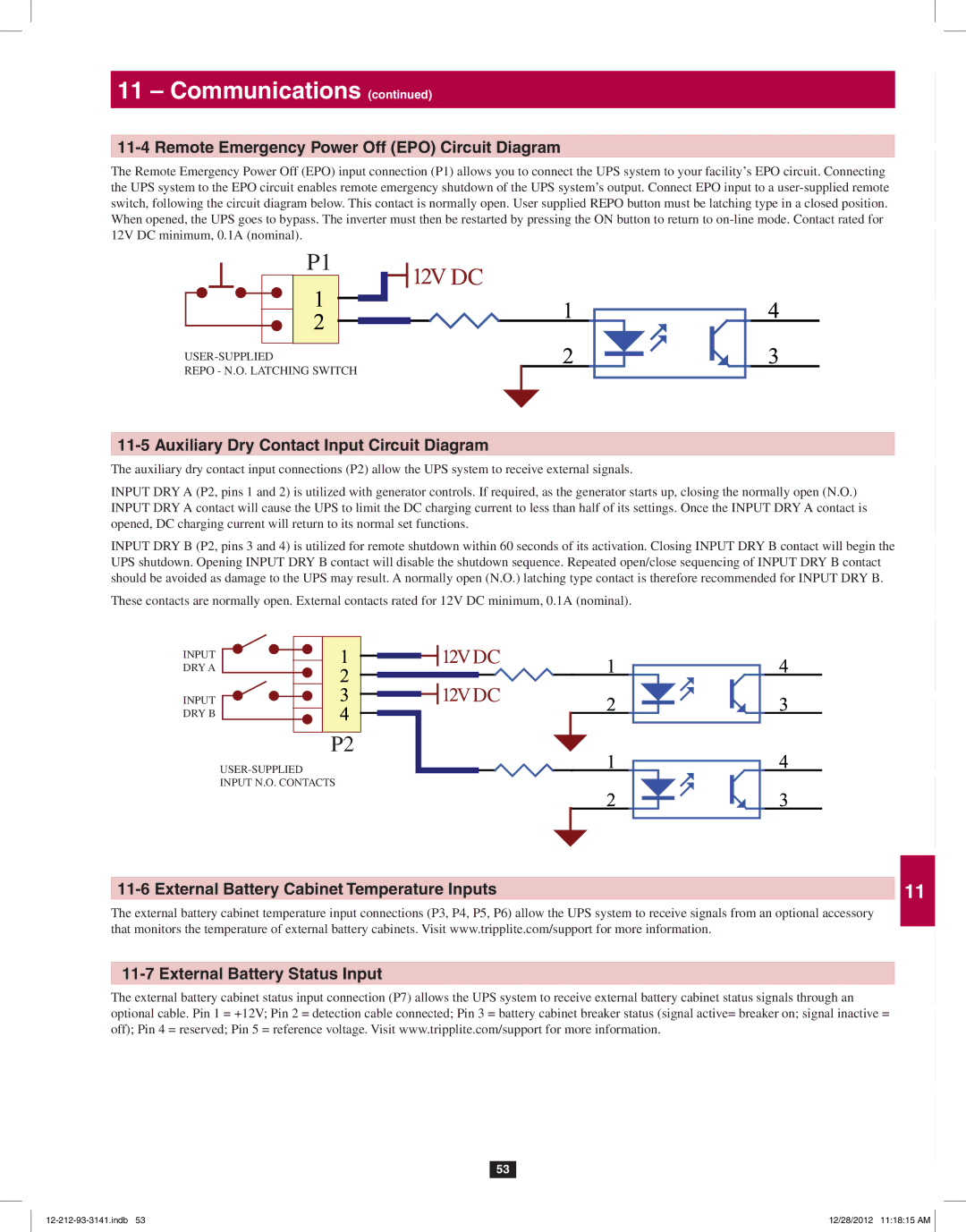 Tripp Lite SU120KX2 Remote Emergency Power Off EPO Circuit Diagram, Auxiliary Dry Contact Input Circuit Diagram 