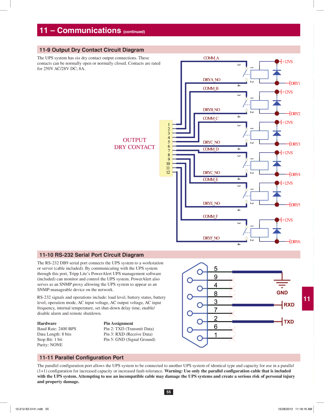 Tripp Lite SU120KX2 Output Dry Contact Circuit Diagram, 11-10 RS-232 Serial Port Circuit Diagram, Hardware Pin Assignment 