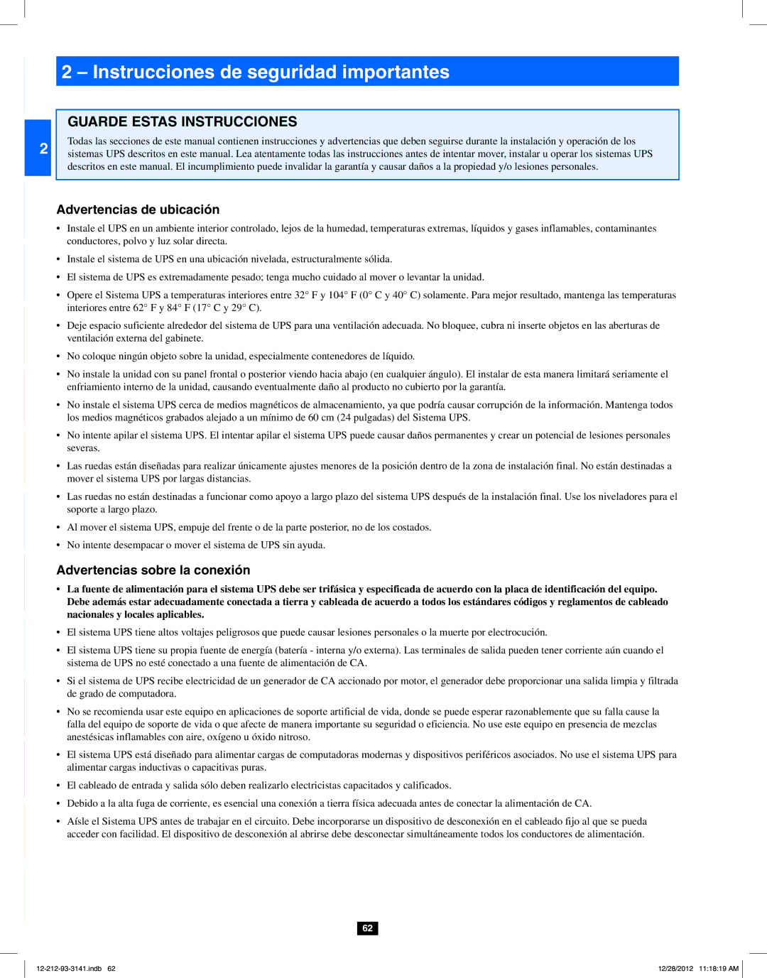 Tripp Lite SU120KX2 Instrucciones de seguridad importantes, Advertencias de ubicación, Advertencias sobre la conexión 