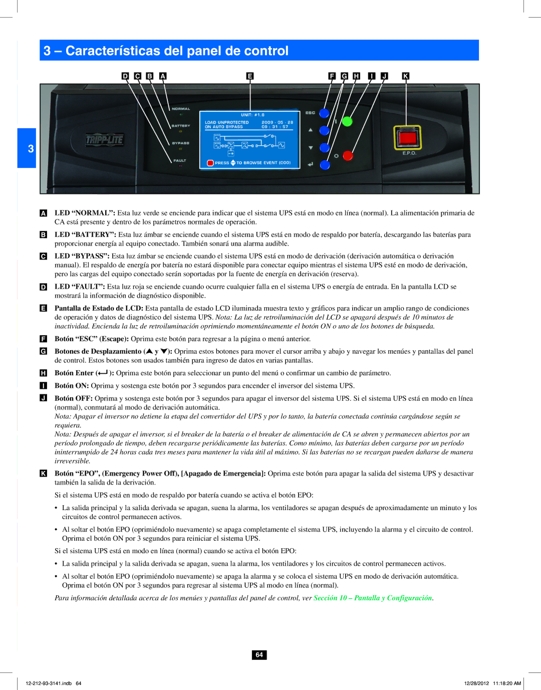 Tripp Lite SU120KX2 owner manual Características del panel de control 
