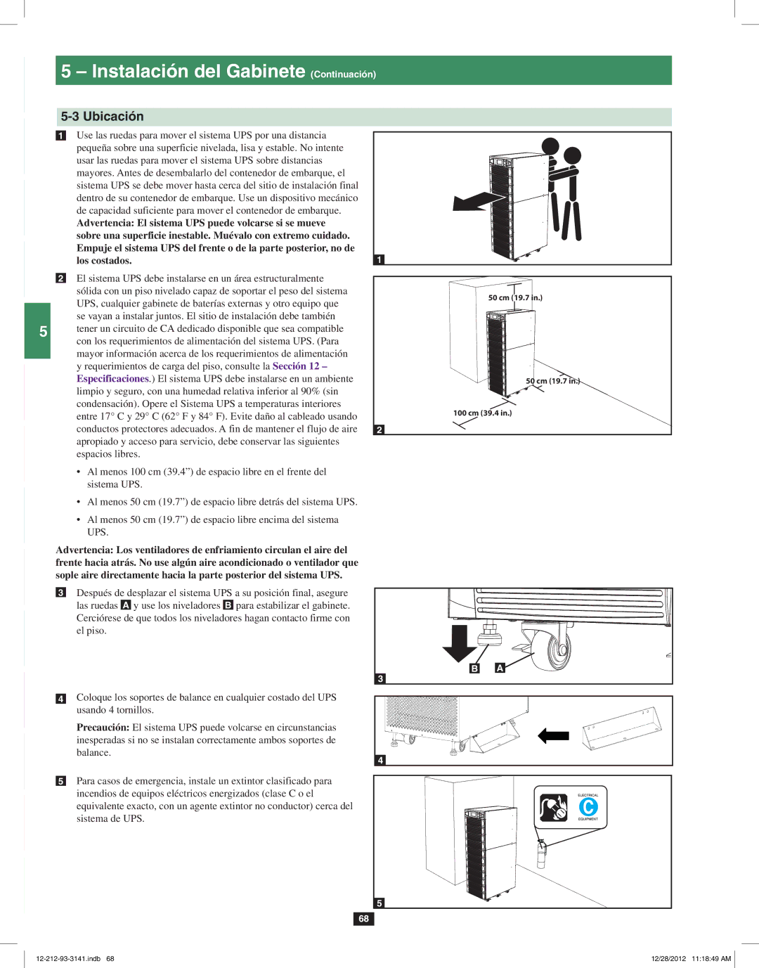 Tripp Lite SU120KX2 owner manual Instalación del Gabinete Continuación, Ubicación 