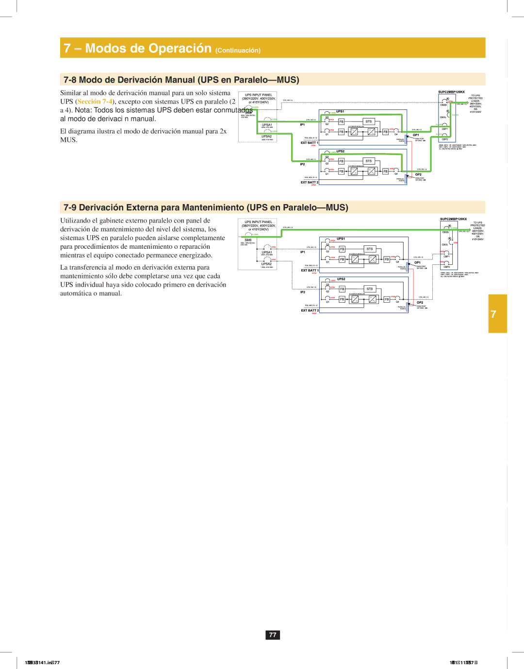 Tripp Lite SU120KX2 owner manual Modo de Derivación Manual UPS en Paralelo-MUS 