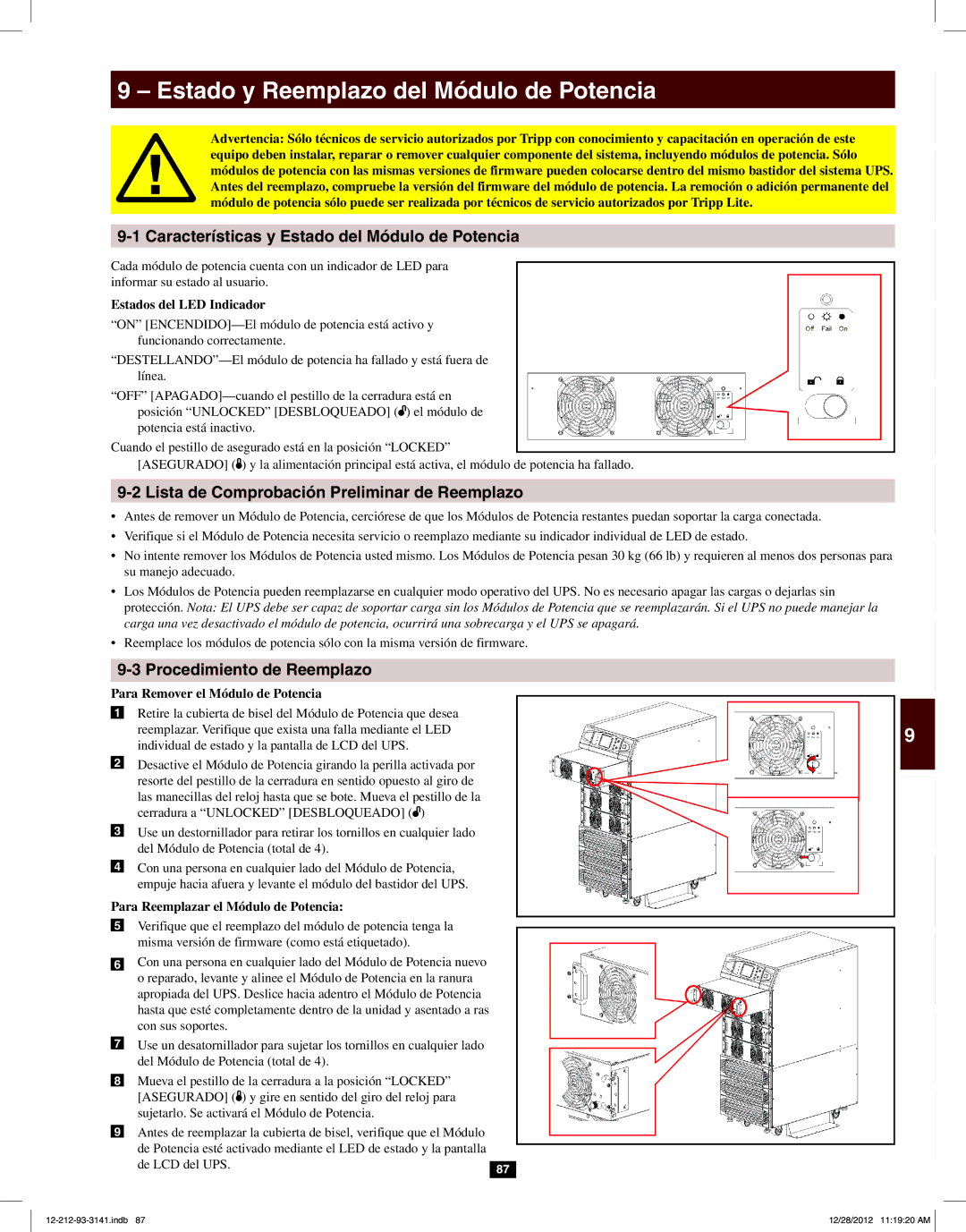 Tripp Lite SU120KX2 owner manual Estado y Reemplazo del Módulo de Potencia, Características y Estado del Módulo de Potencia 