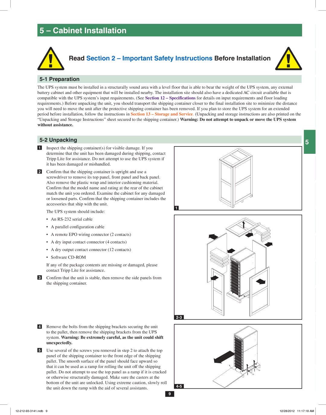 Tripp Lite SU120KX2 owner manual Cabinet Installation, Preparation, Unpacking 