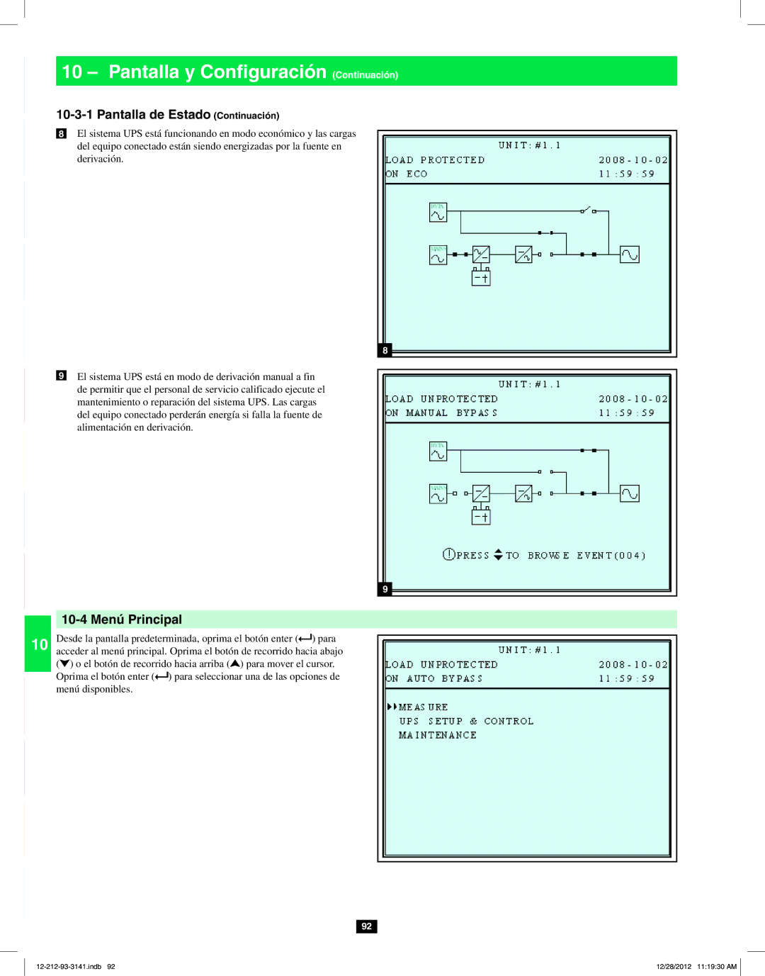 Tripp Lite SU120KX2 owner manual 10-4 Menú Principal 