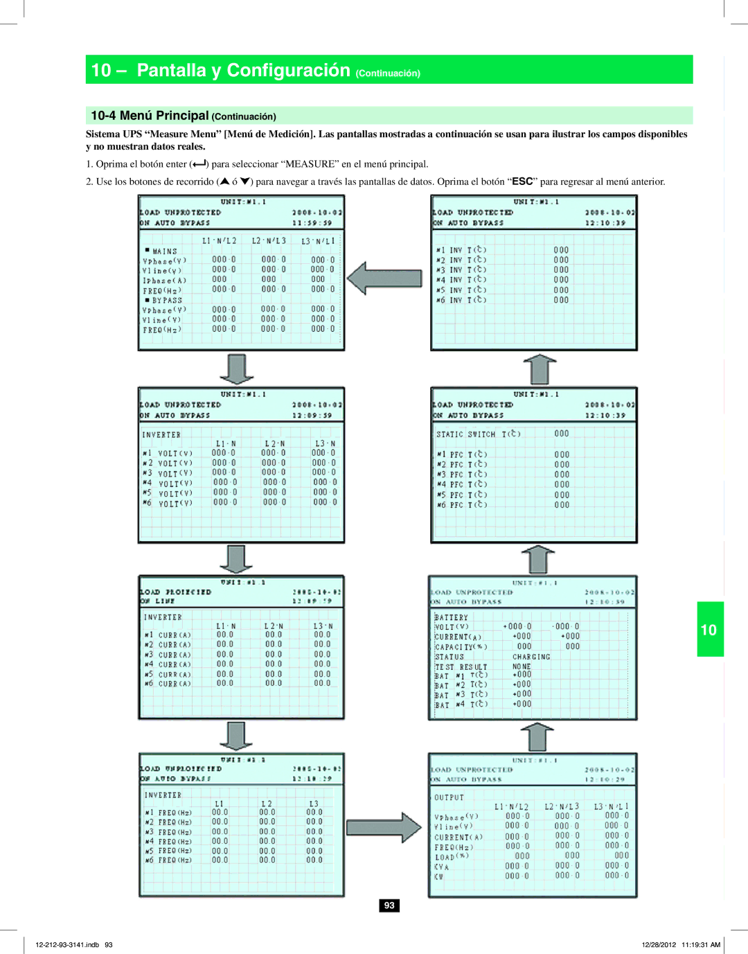 Tripp Lite SU120KX2 owner manual 10-4 Menú Principal Continuación, No muestran datos reales 