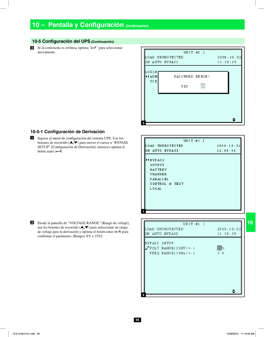 Tripp Lite SU120KX2 owner manual Configuración del UPS Continuación, Configuración de Derivación 