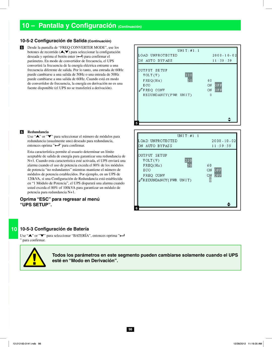 Tripp Lite SU120KX2 owner manual Oprima ESC para regresar al menú, 10 10-5-3 Configuración de Batería, Redundancia 