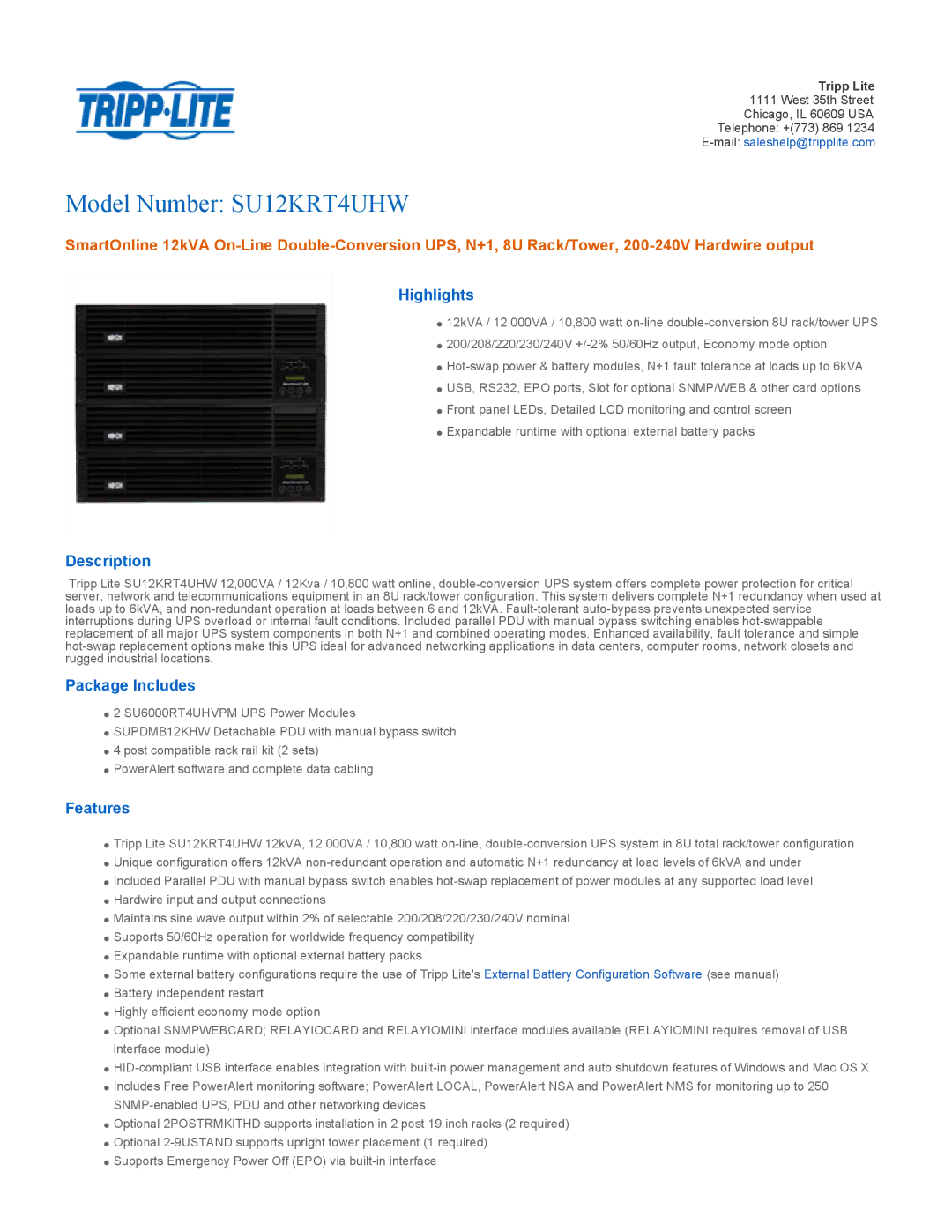 Tripp Lite SU12KRT4UHW manual Highlights, Description, Package Includes, Features 