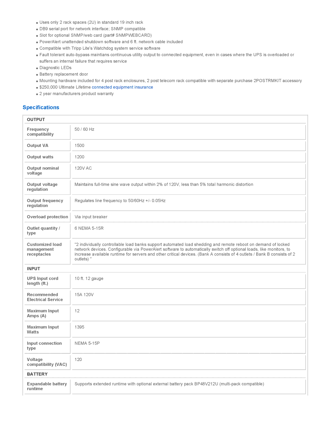 Tripp Lite SU1500RTXL2U instruction manual Specifications, Output, Input, Battery 