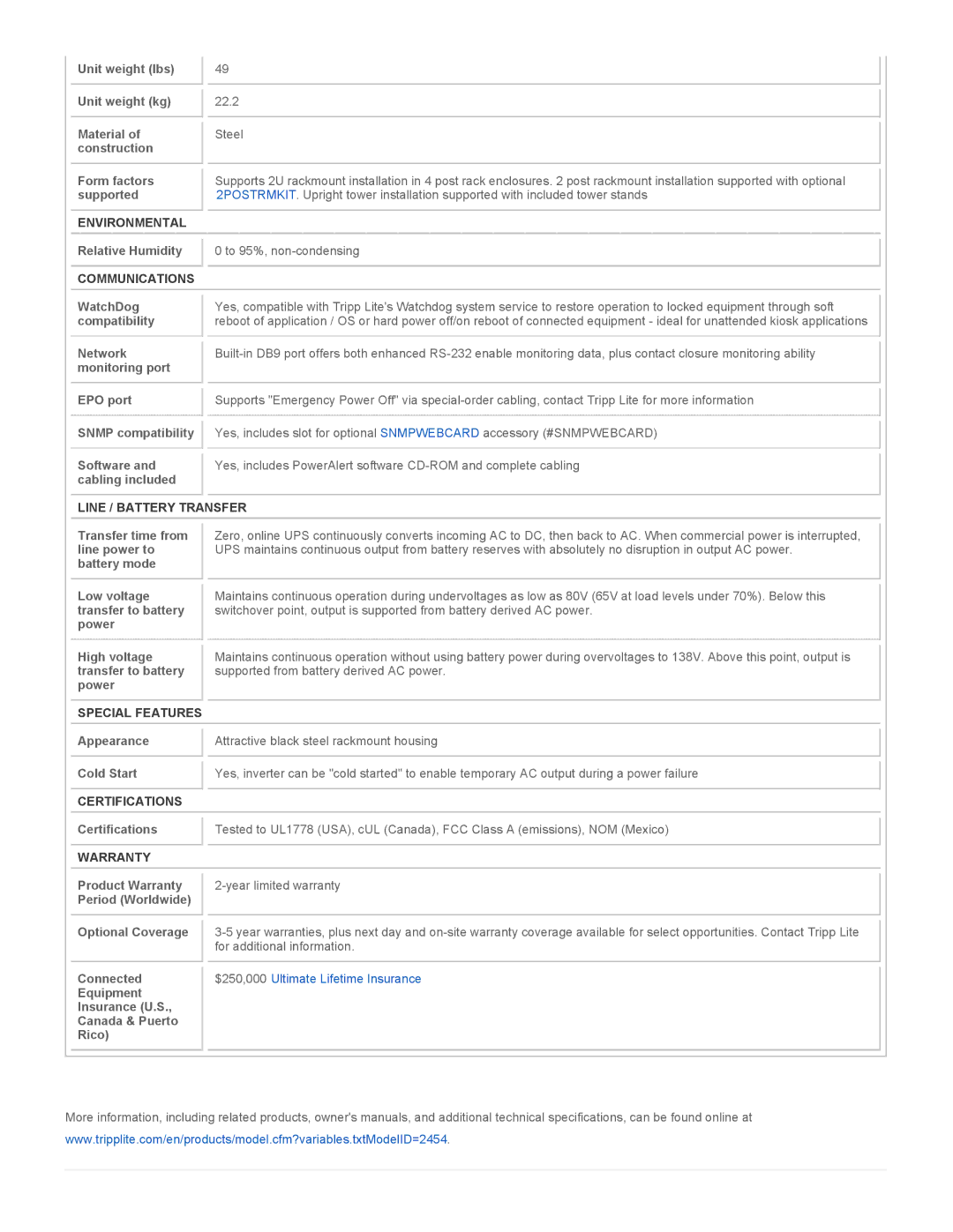 Tripp Lite SU1500RTXL2U Environmental, Communications, Line / Battery Transfer, Special Features, Certifications, Warranty 