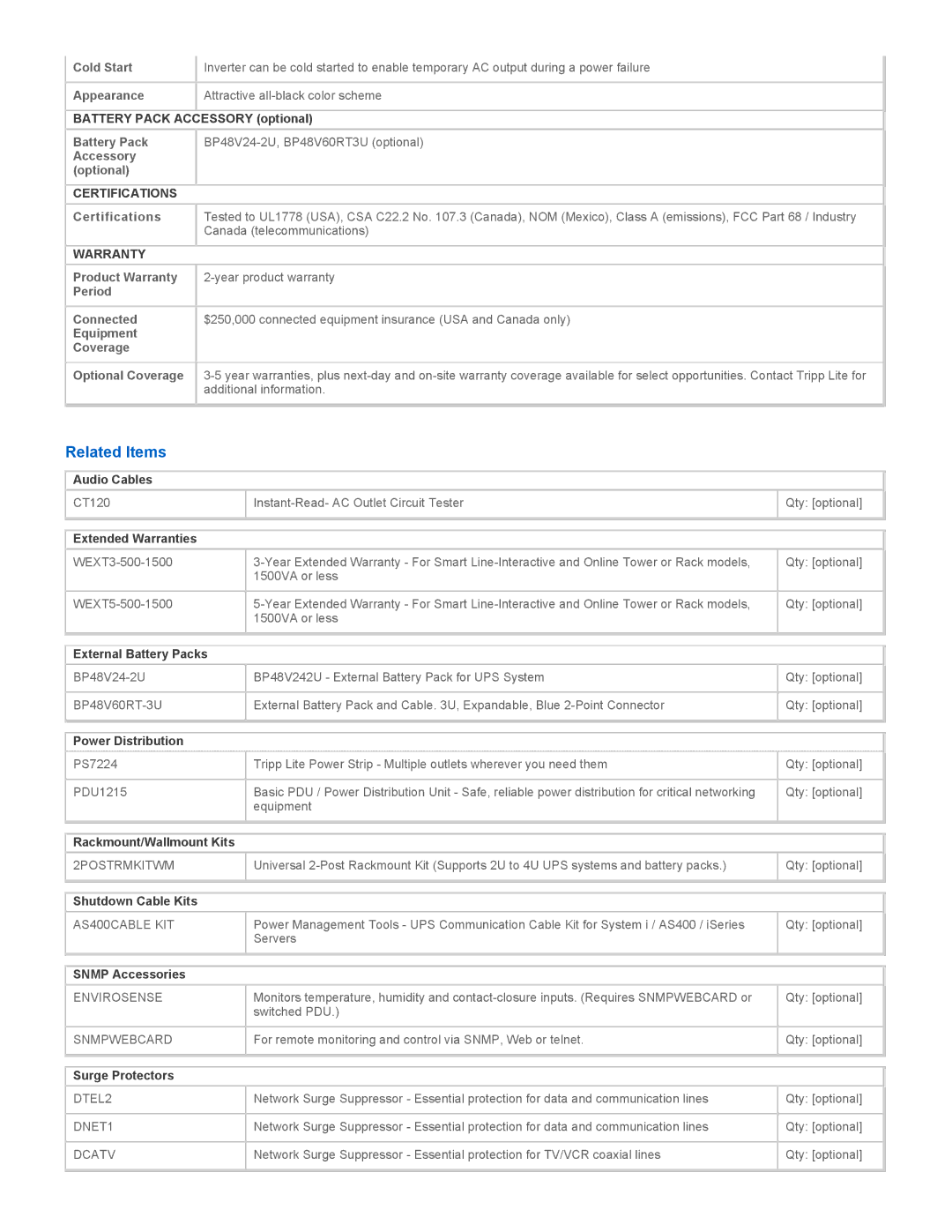 Tripp Lite SU1500RTXL2UA warranty Related Items, Certifications, Warranty 