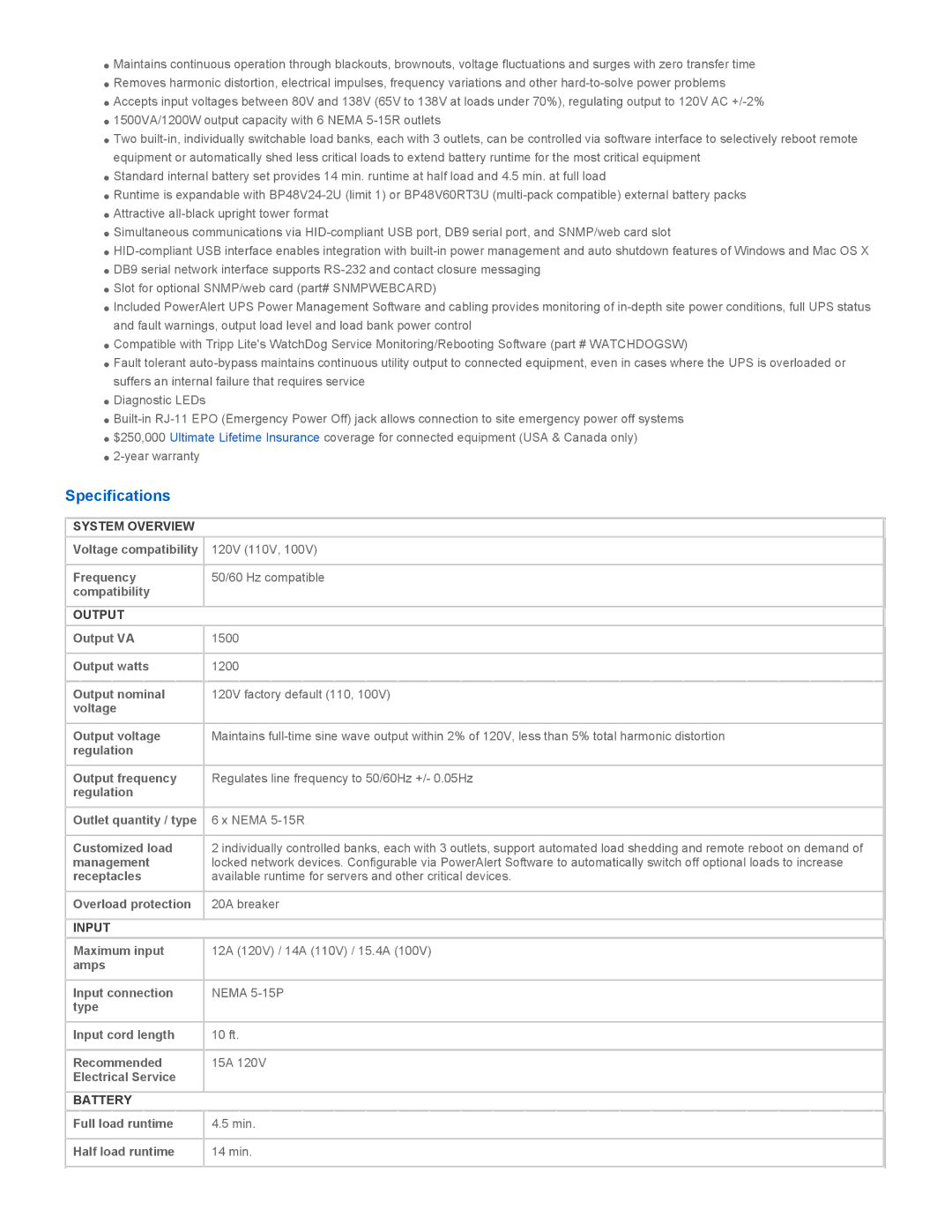 Tripp Lite SU1500XL warranty Specifications, System Overview, Output, Input, Battery 