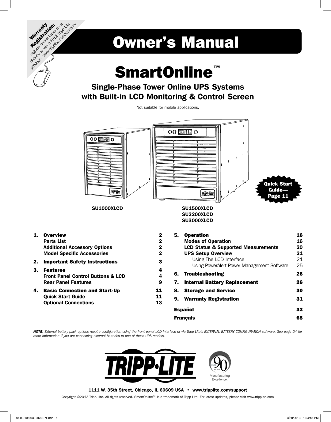 Tripp Lite SU1000XLCD owner manual Owner’s Manual, Single-Phase Tower Online UPS Systems, Overview, Operation, Parts List 