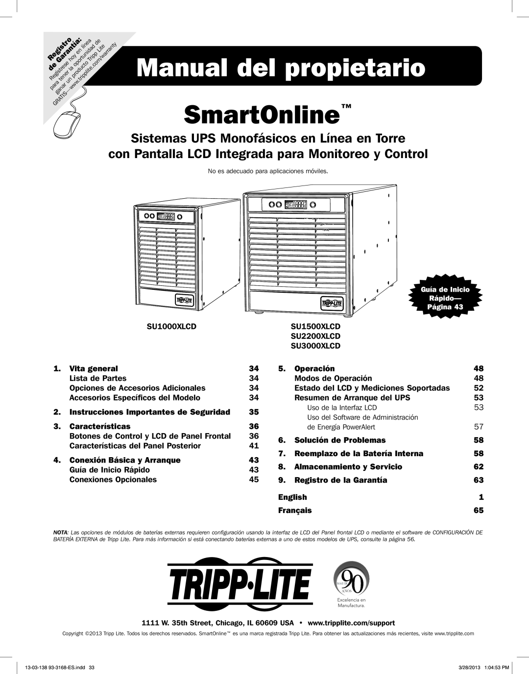 Tripp Lite SU1000XLCD Manual del propietario SmartOnline, Sistemas UPS Monofásicos en Línea en Torre, Operación, English 